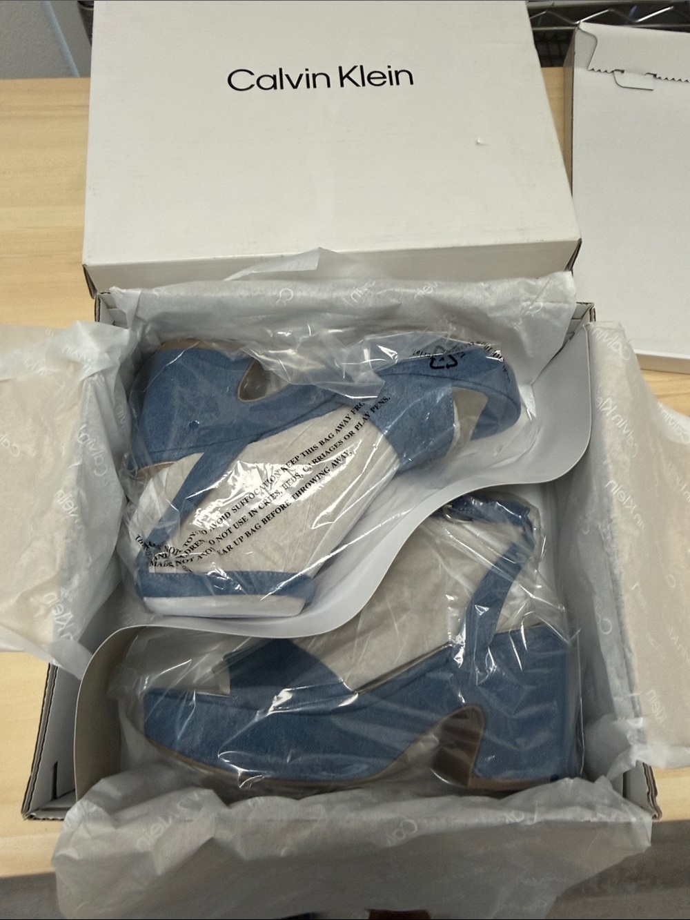 Calvin Klein Denim Blue Wedge Sandals with Ankle Strap